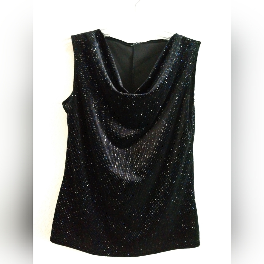 Sparkly Velveteen Evening Tank Top Drape Neck Black Blue Silver Glittery Small